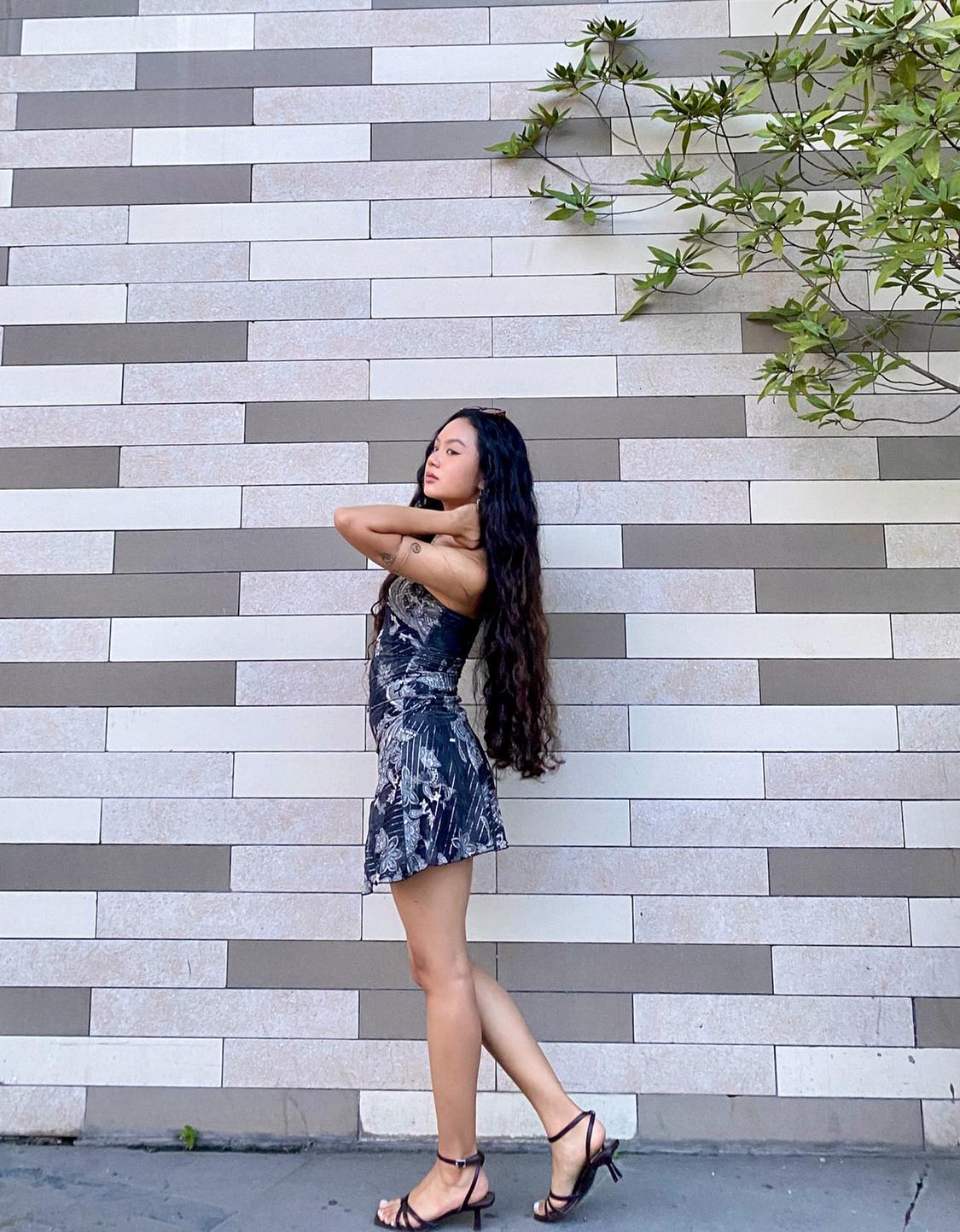 Printed tulle mini dress with bandeau neckline
