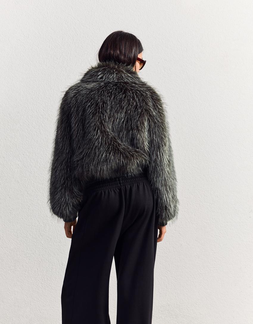 Zip-up faux fur jacket-Grey-1