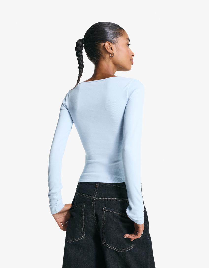 Camiseta manga larga cuello pico-Azul claro