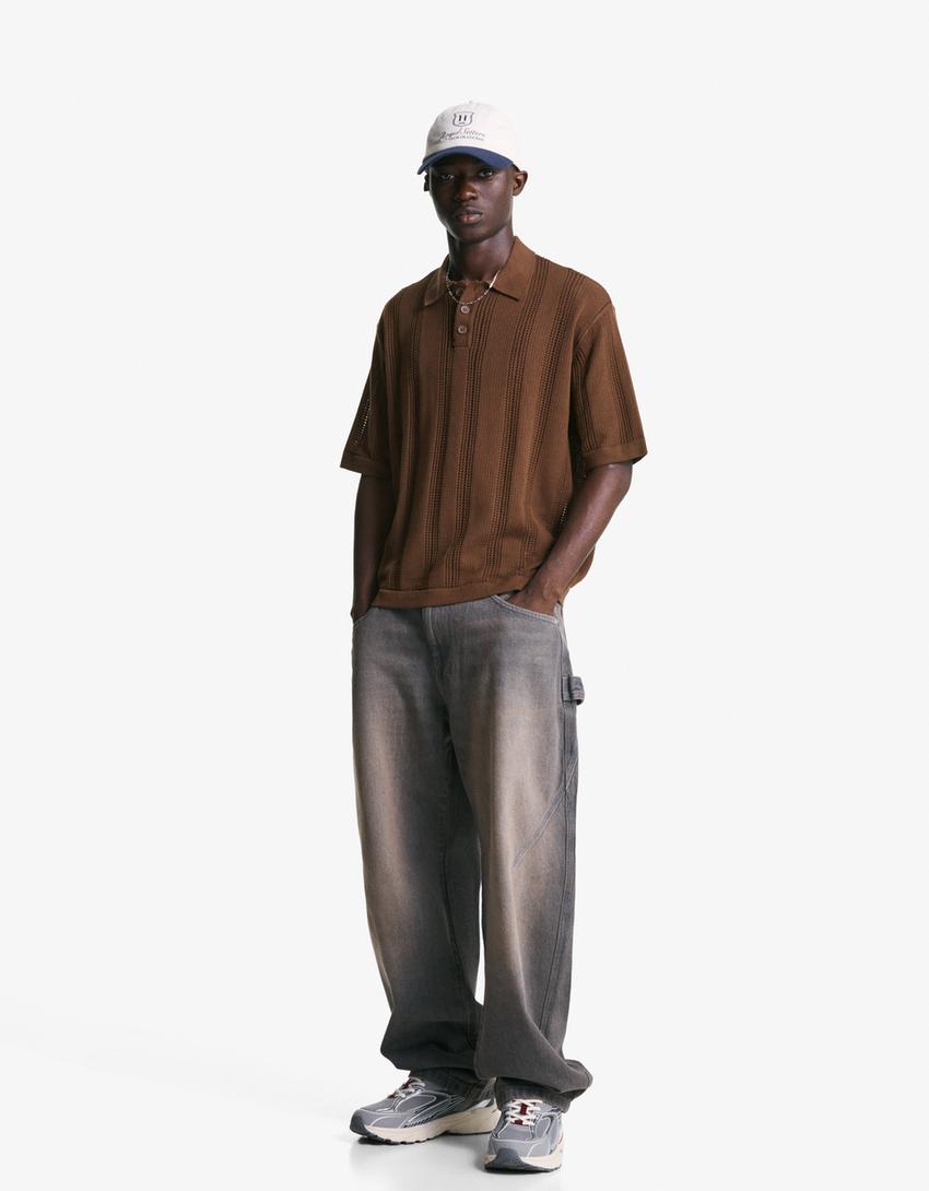 Textured openwork polo shirt-Brown