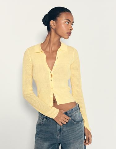 Fine knit polo collar cardigan — Yellow 3
