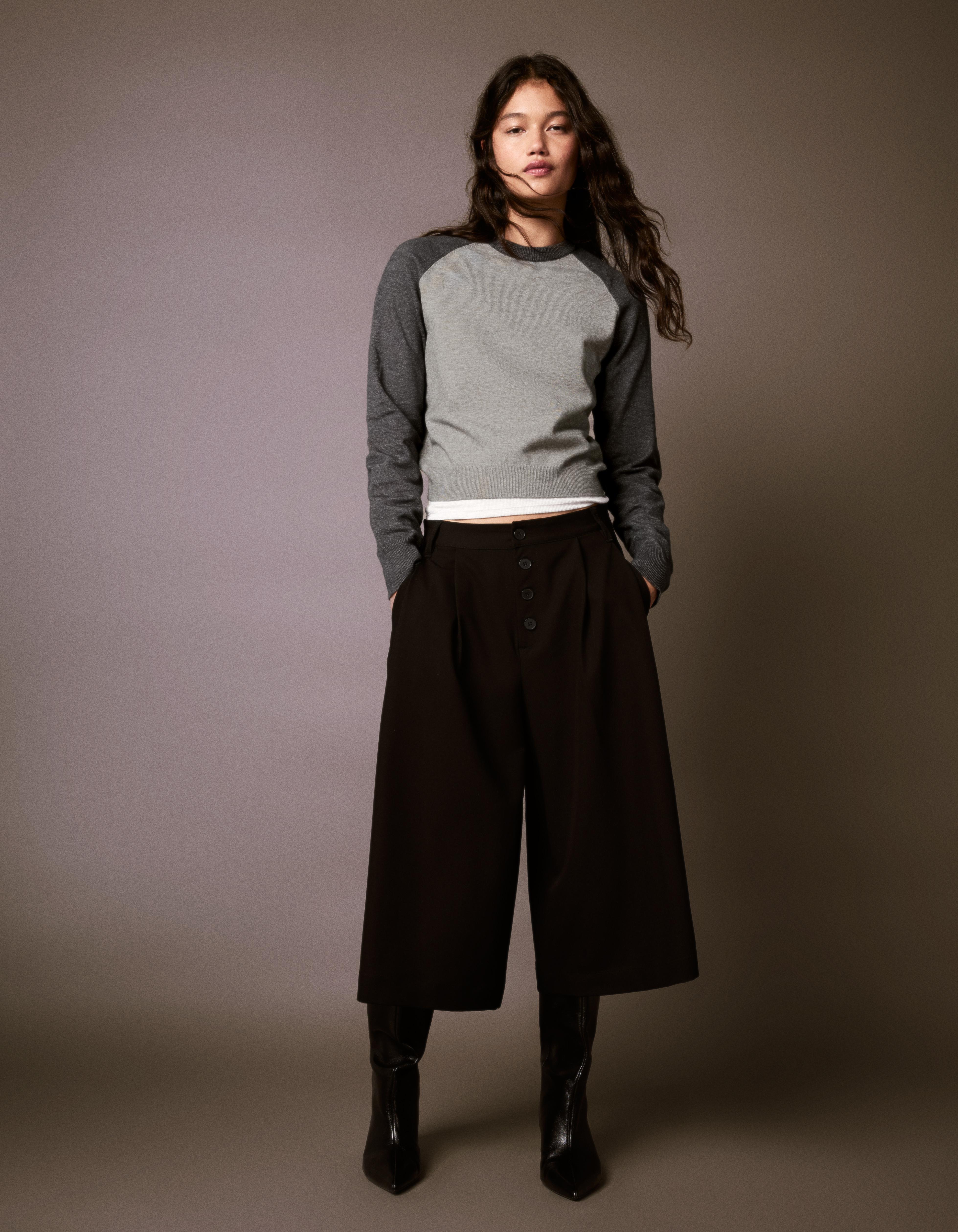Bershka Jersey Cuello Redondo Ranglan Mujer Gris