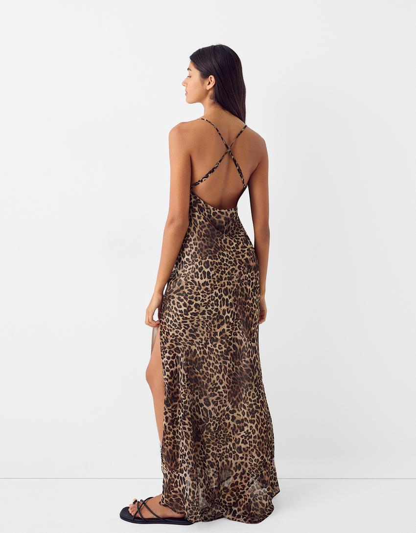 שמלת מידי מבד שיפון עם הדפס חיה-חול-2