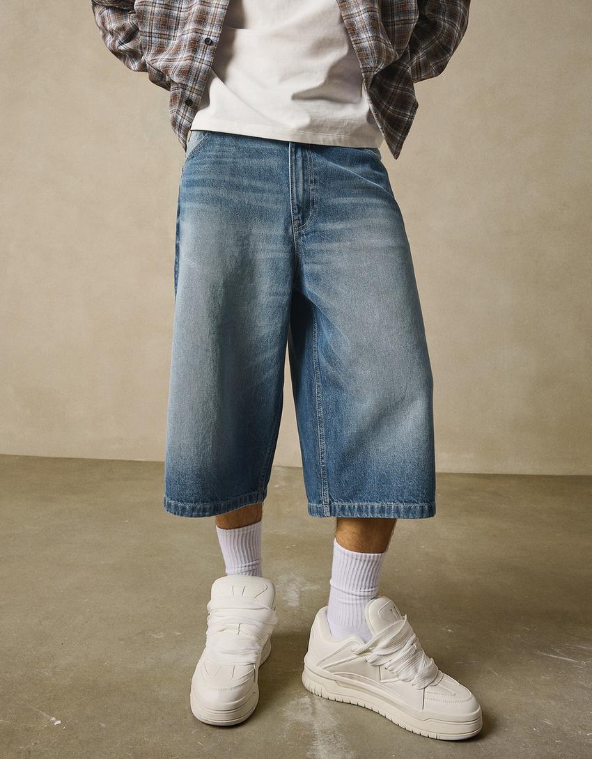 Super baggy denim Bermuda shorts-Light blue