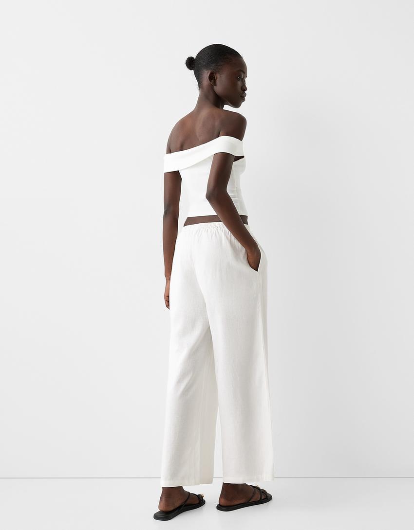 Culottes with linen and an elastic waist-Off white-2