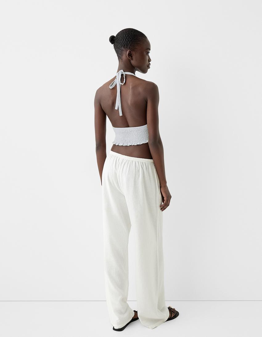 Crop top encolure américaine avec lin-Bleu clair-1