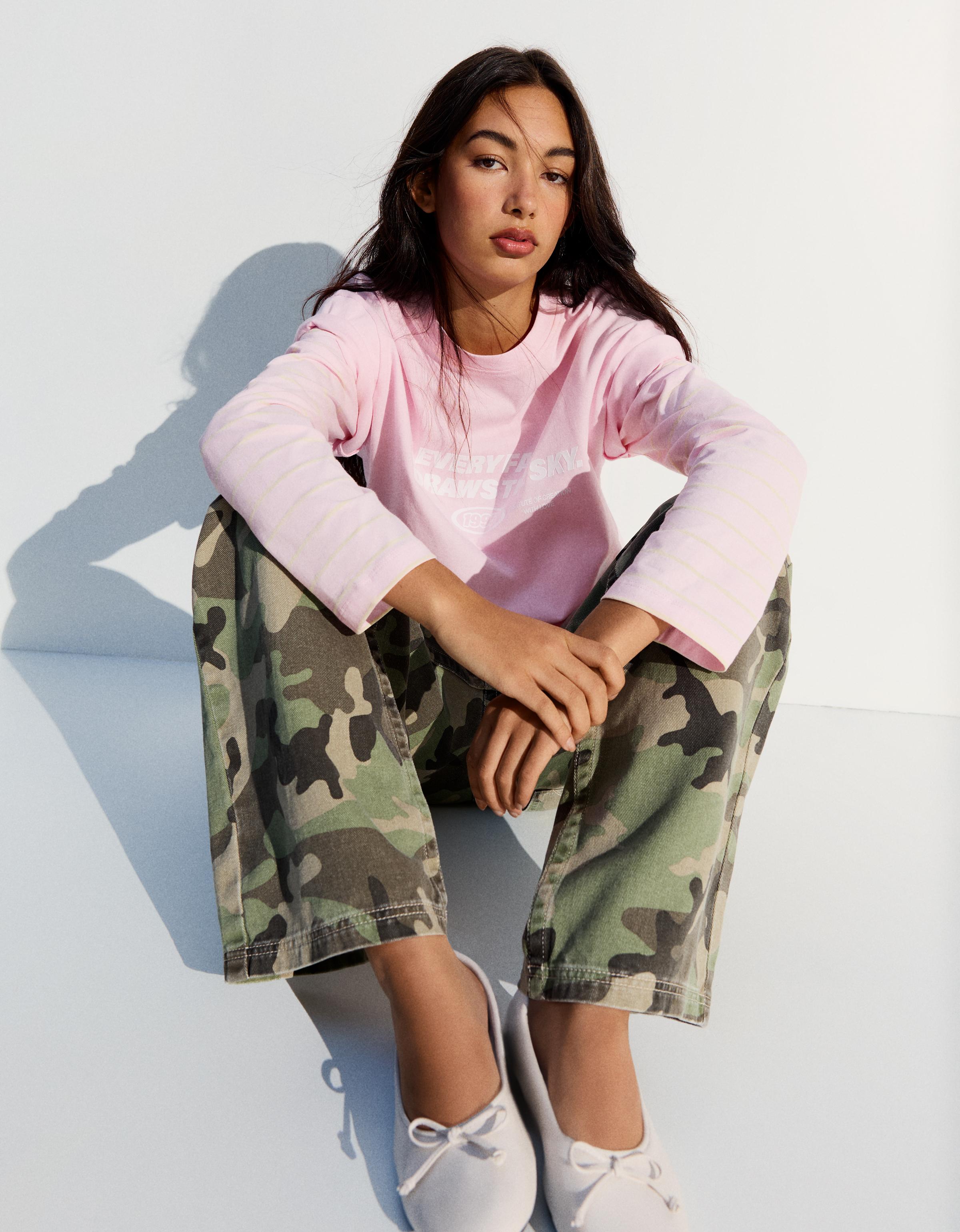 Oversize double sleeve print T-shirt — Pink