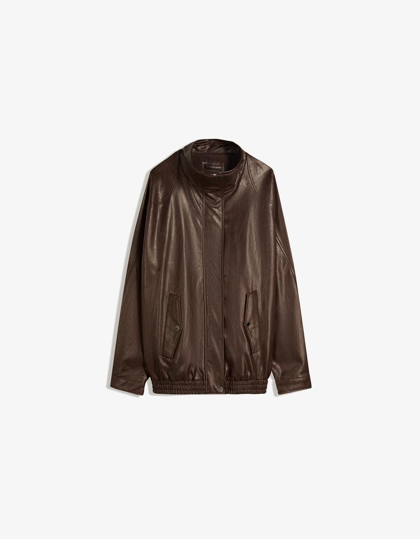 Oversize faux leather jacket-Brown-3