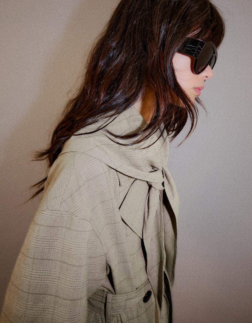 Long check scarf trench coat-Dark grey