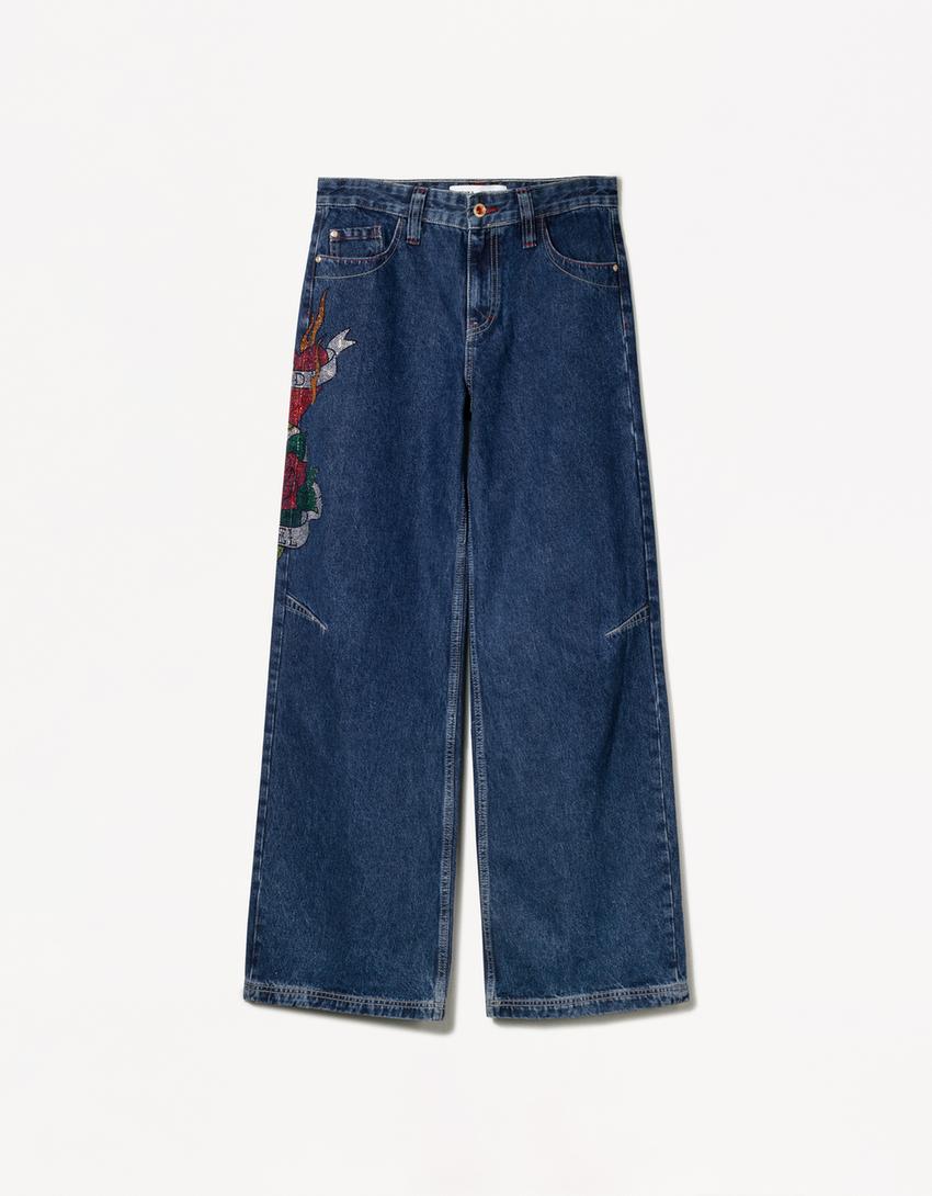 Tattoo rhinestone boyfriend jeans-Blue-0