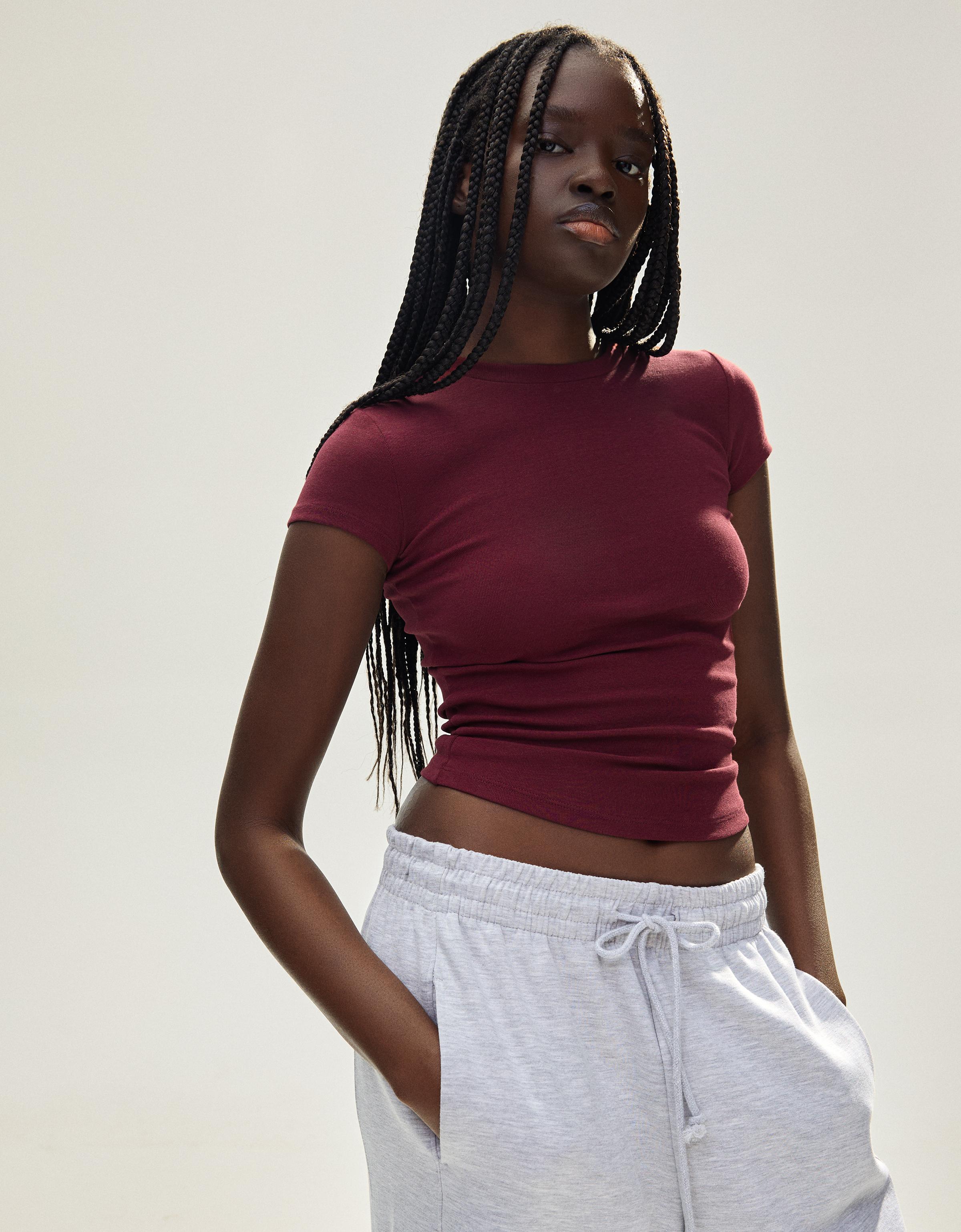 Bershka T-Shirt Rundausschnitt Damen Xl Bordeaux