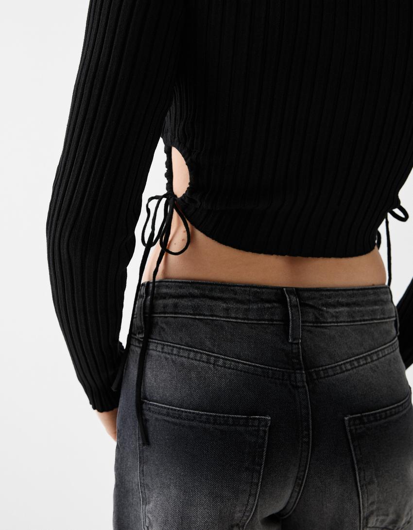 كارديغان بياقة بولو وأزرار وجانب بزمة-أسود-5