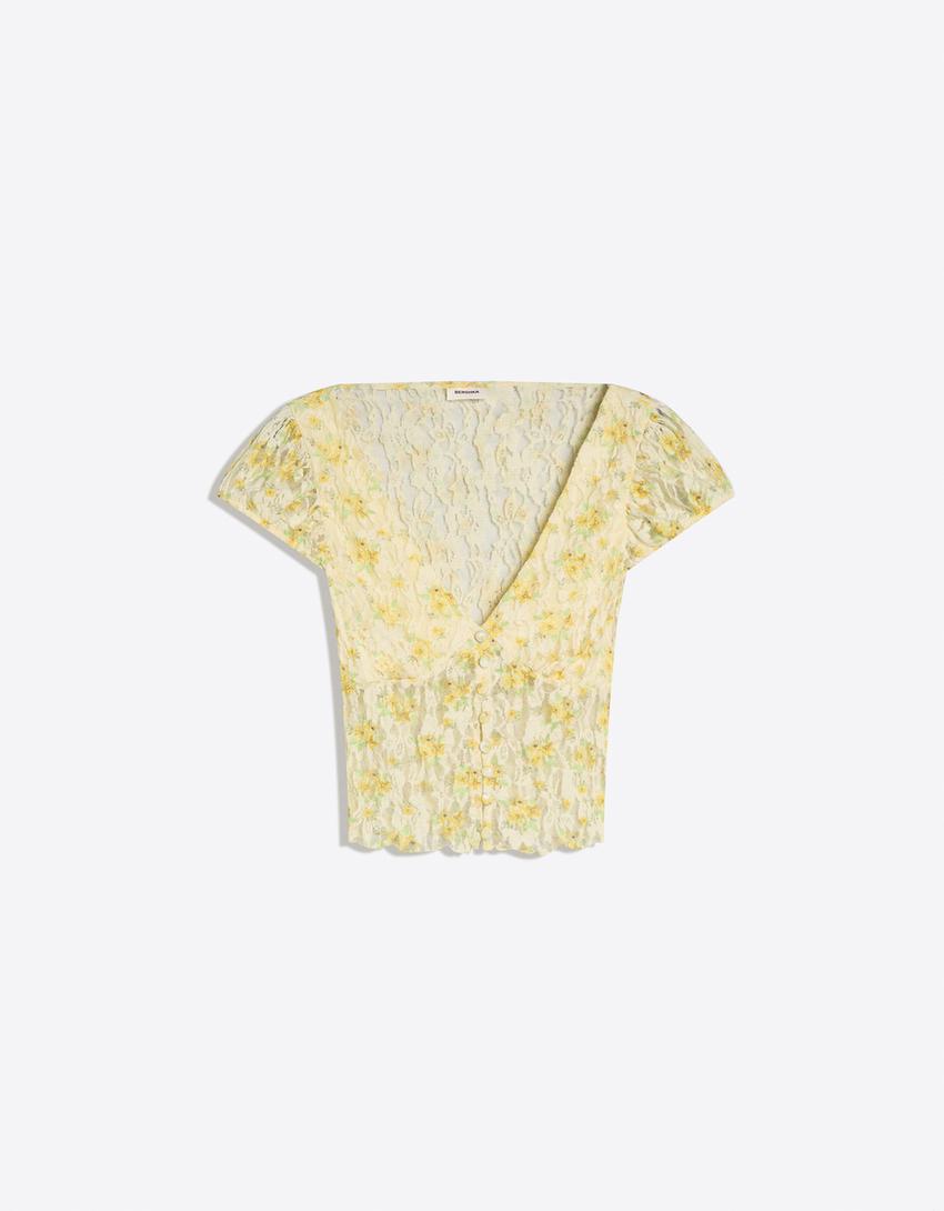 Short sleeve lace top-Yellow