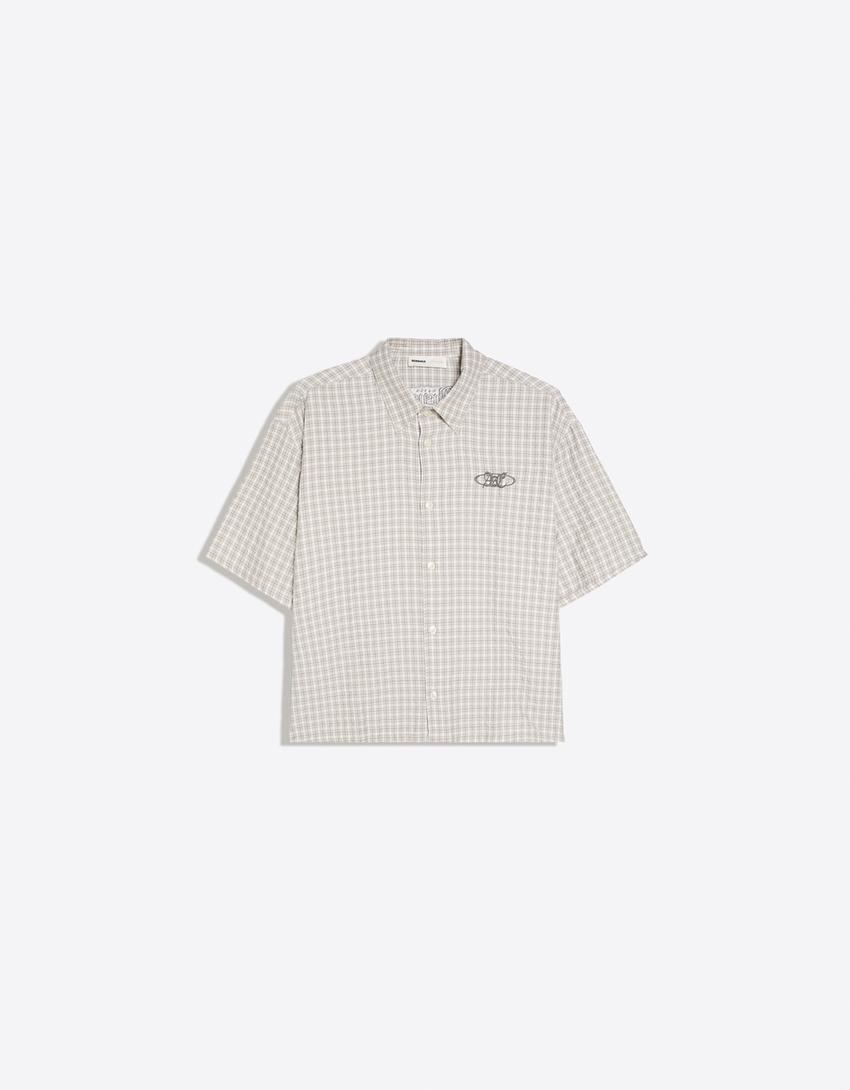 Short sleeve boxy printed shirt-Grey Marl