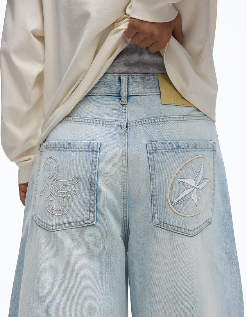 Jeans barrel bordado-Azul claro