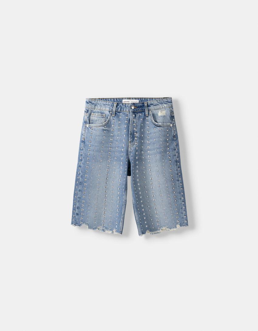 شورت برمودا دنيم بدبابيس معدنية-أزرق فاتح-5