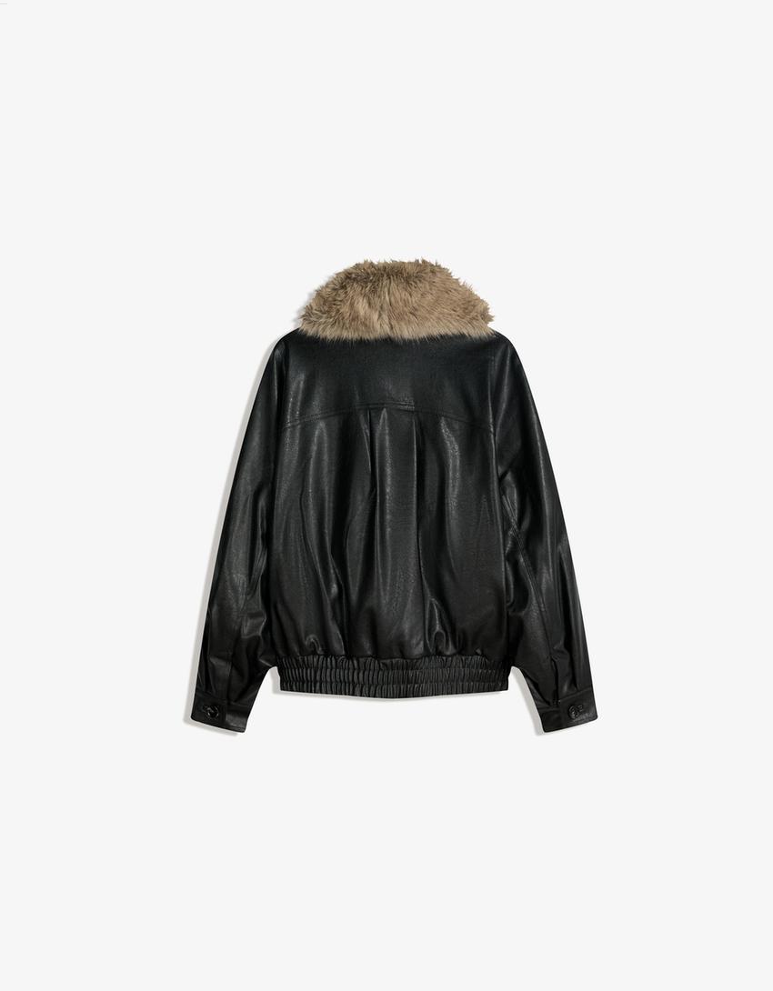 Faux leather jacket with faux fur collar-Black