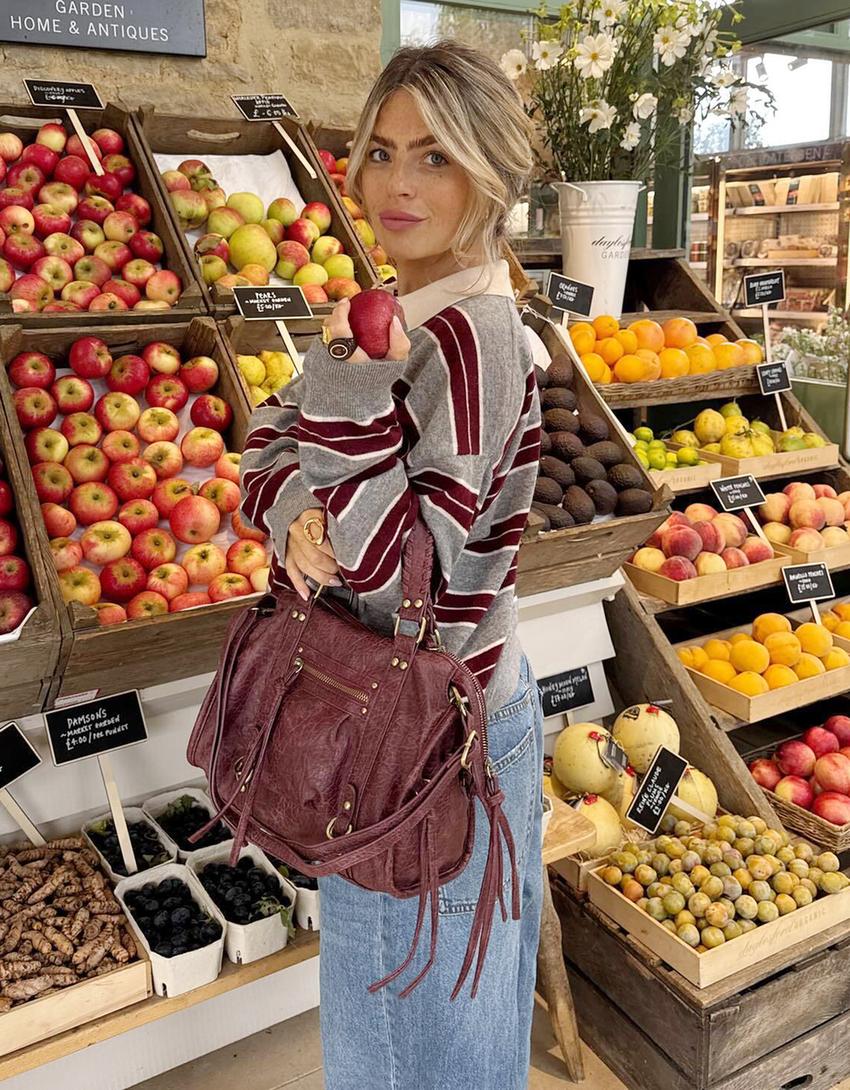 Bolso bowling efecto gastado tiras-Burdeos