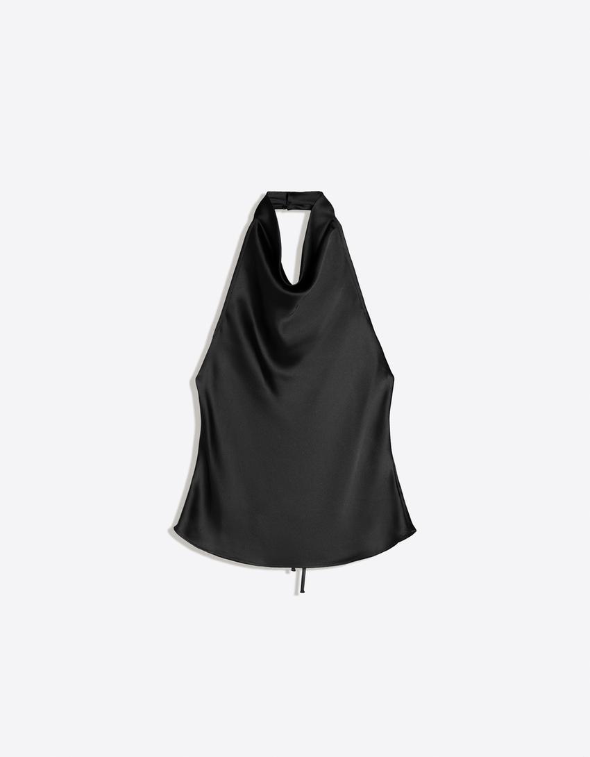 Draped sateen top-Black