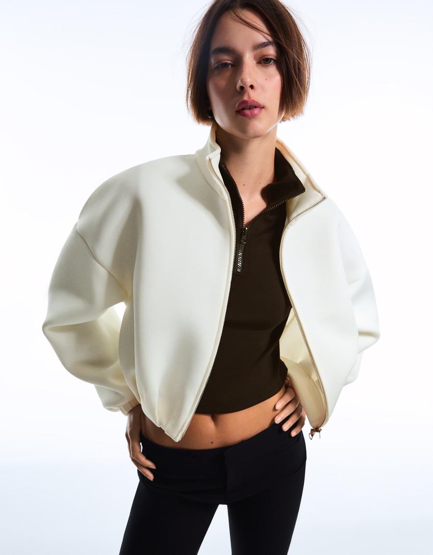 Neoprene effect balloon zip-up sweatshirt-Cream