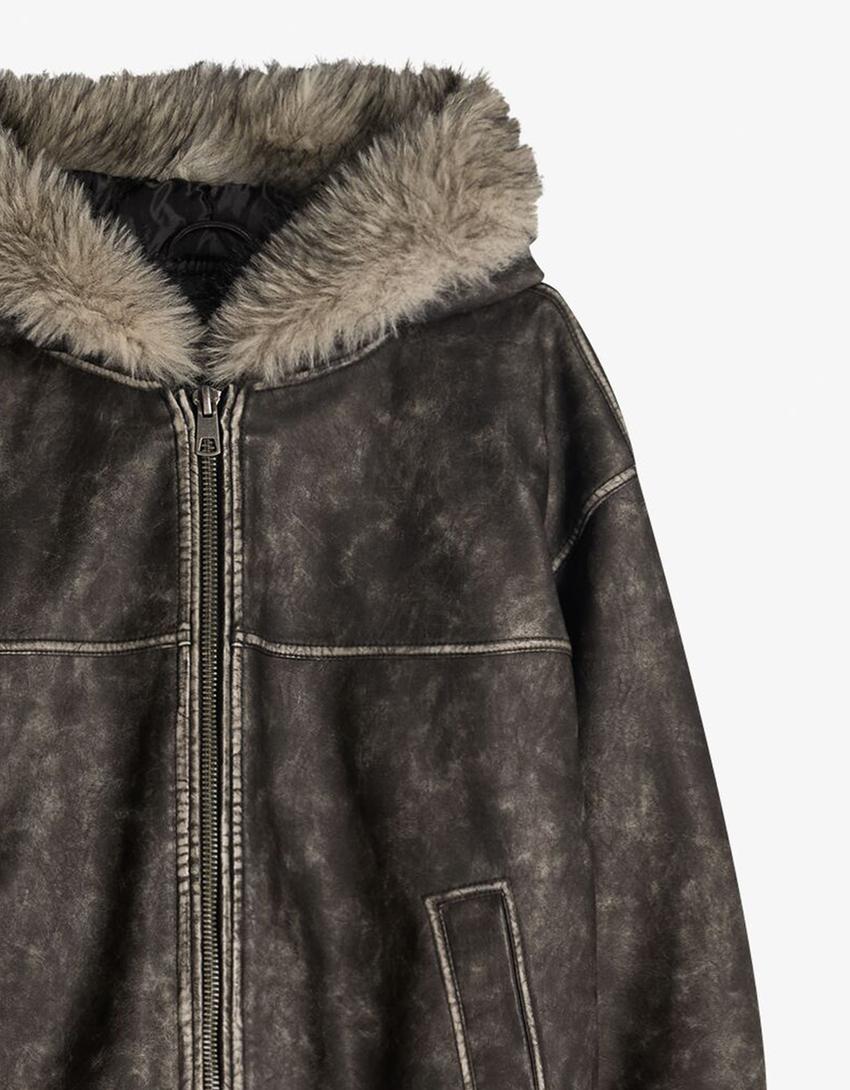 Faux leather hooded jacket-Black