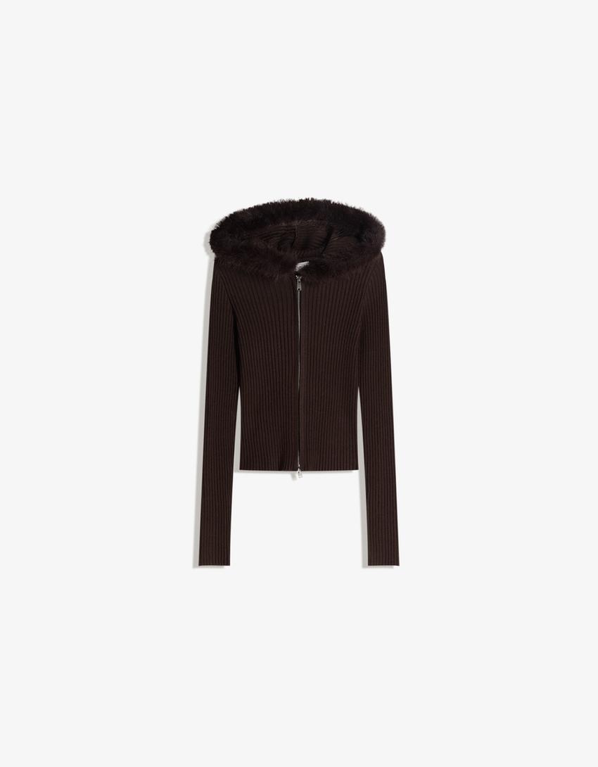 Veste en maille zippée à capuche fausse fourrure-Marron