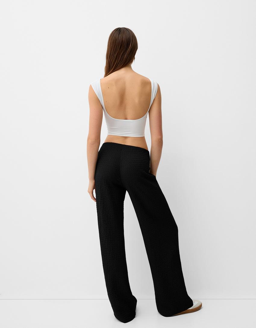 Calças wide leg waffle-Preto-2