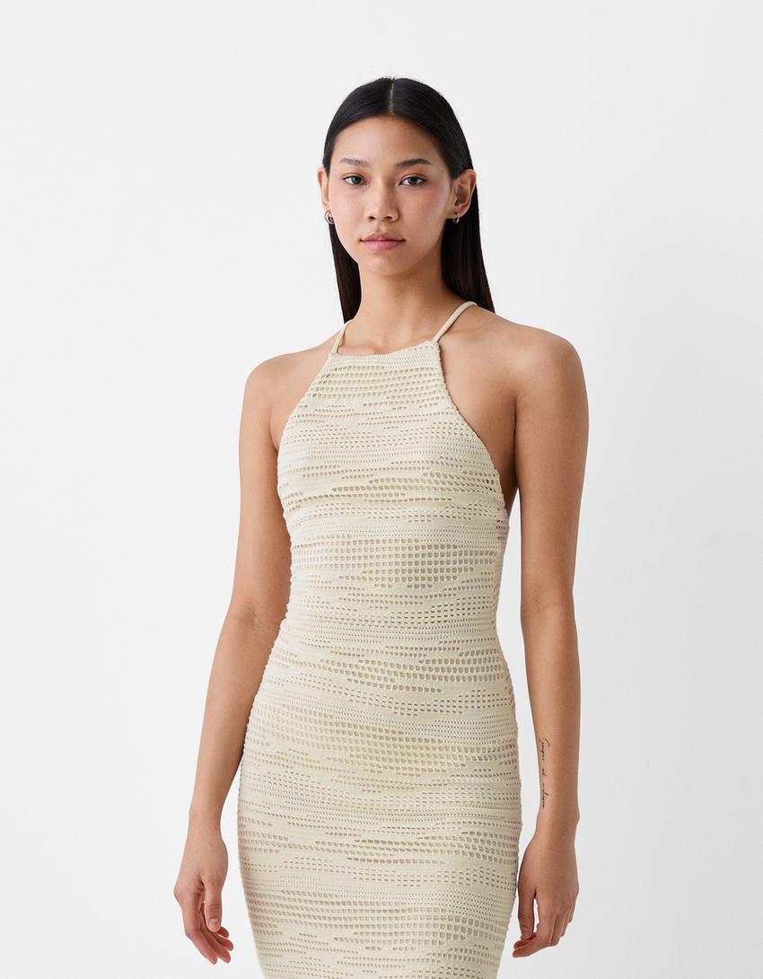 Robe maxi encolure américaine rustique-Écru-1