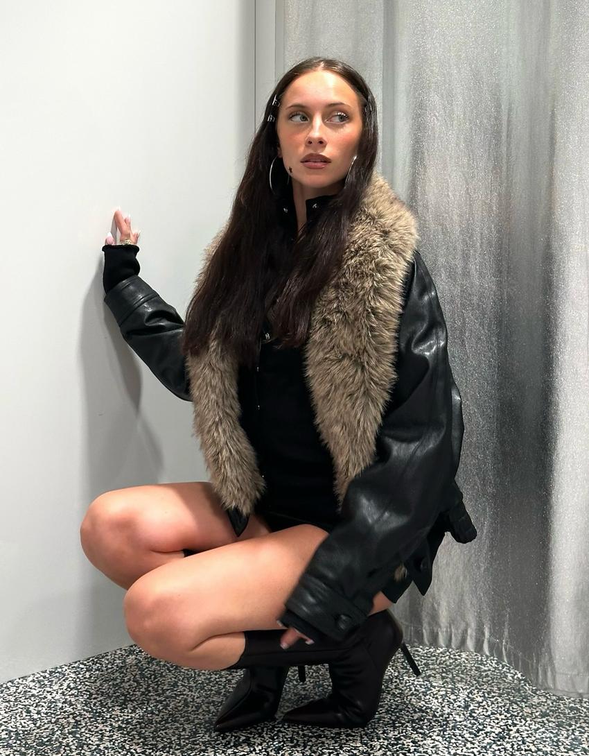 Blouson similicuir col fourrure-Noir