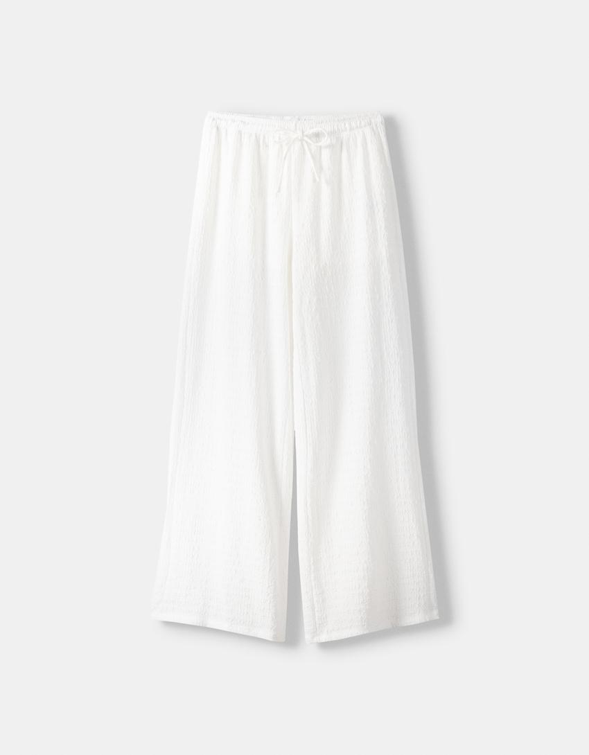 بنطال بقصّة مستقيمة وغرزة وافل-أبيض مطفي-4