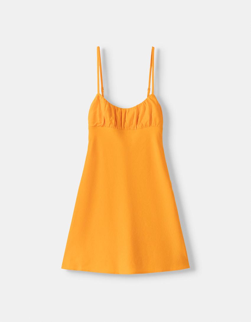 Vestido mini de linho-Laranja-5