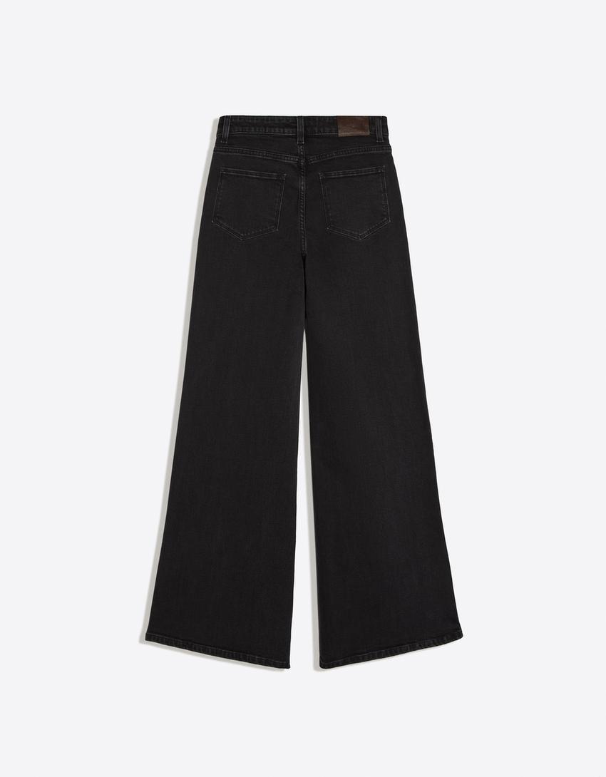 Jeansy wide leg z wysokim stanem-Czarny