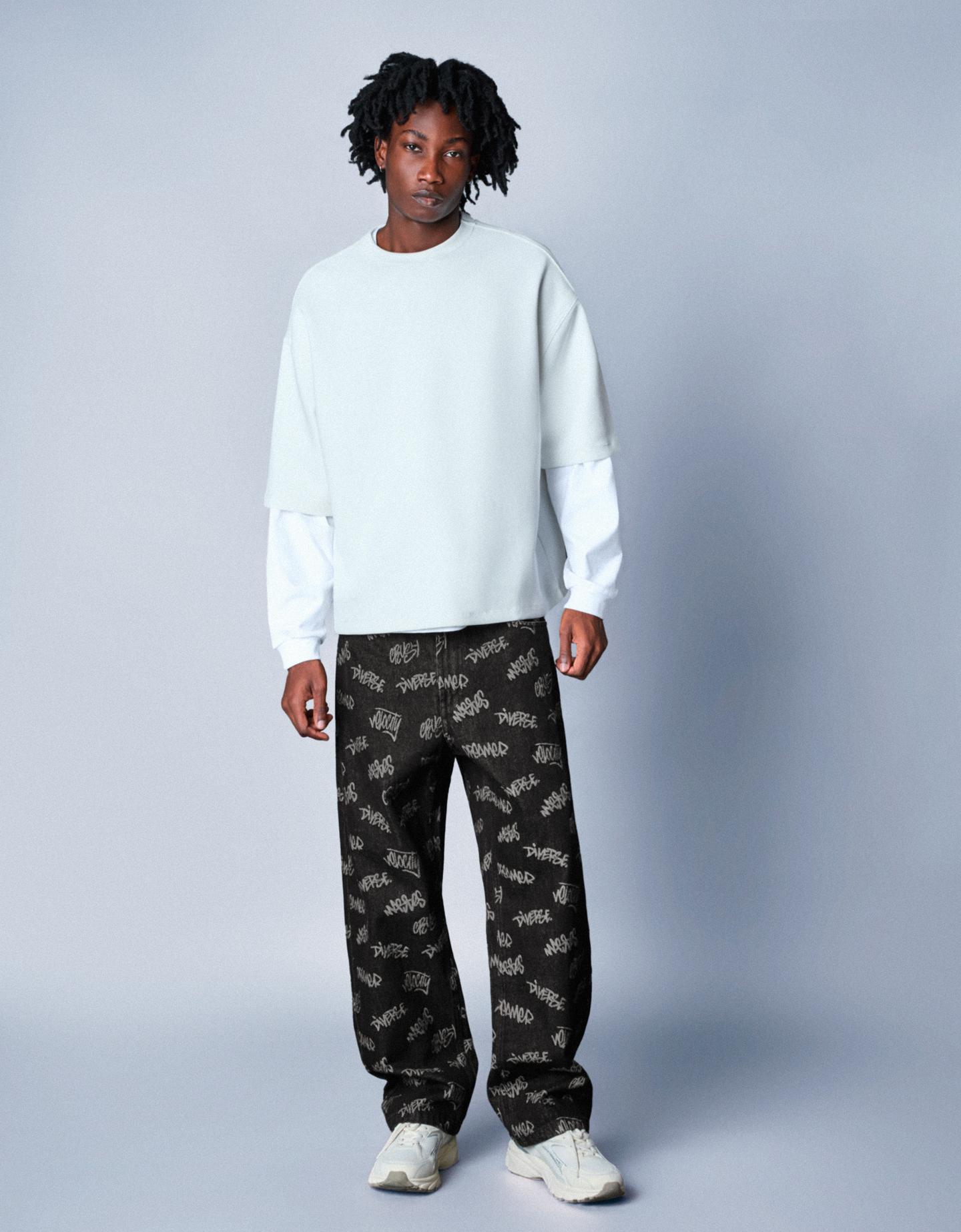 Bershka jeansy o kroju baggy z żakardowym wzorem czarny