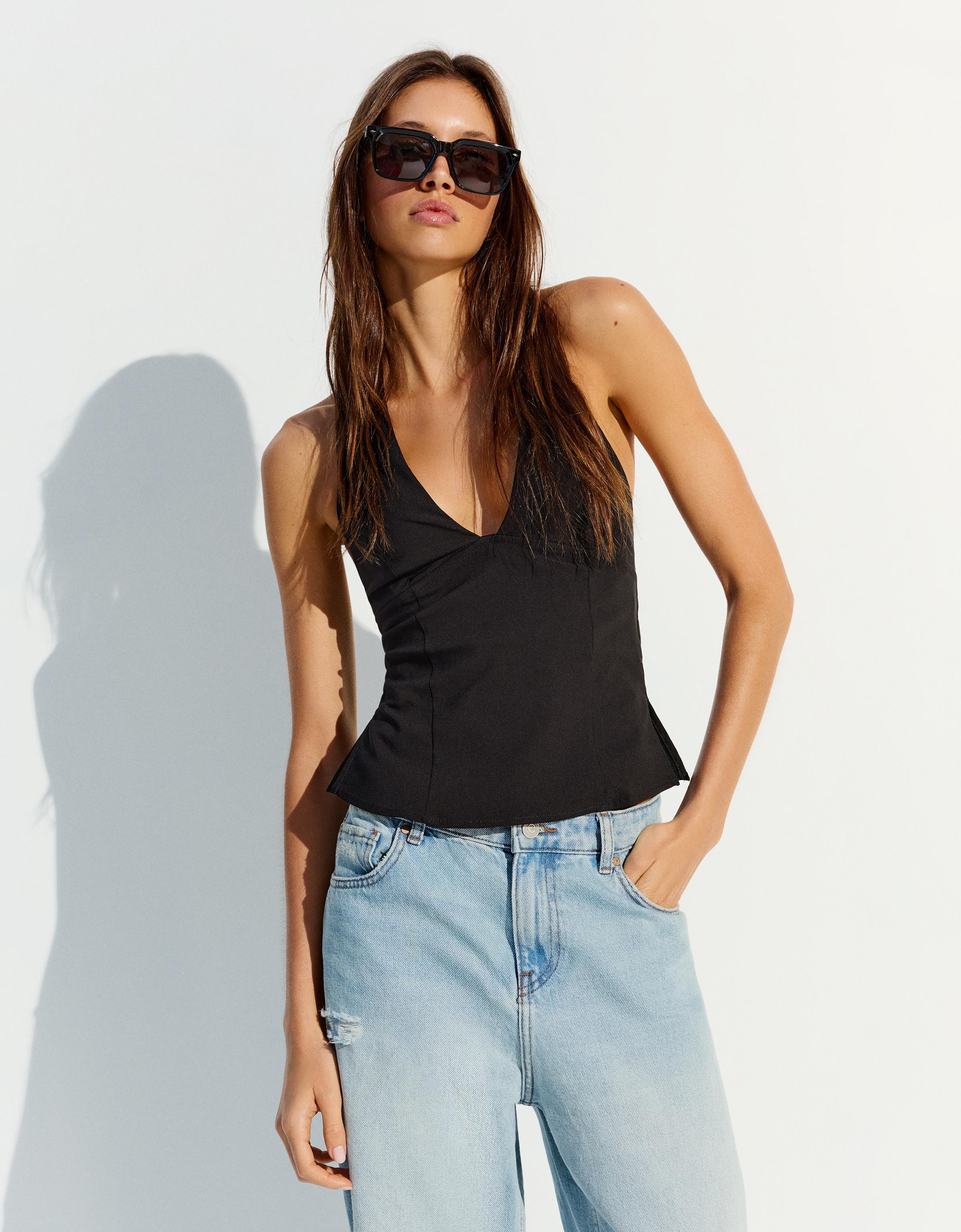 Bershka Top Halter Mujer Negro