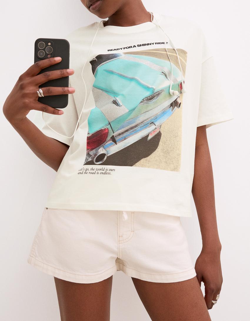 Tričko s krátkými rukávy a potiskem-Slonová kost