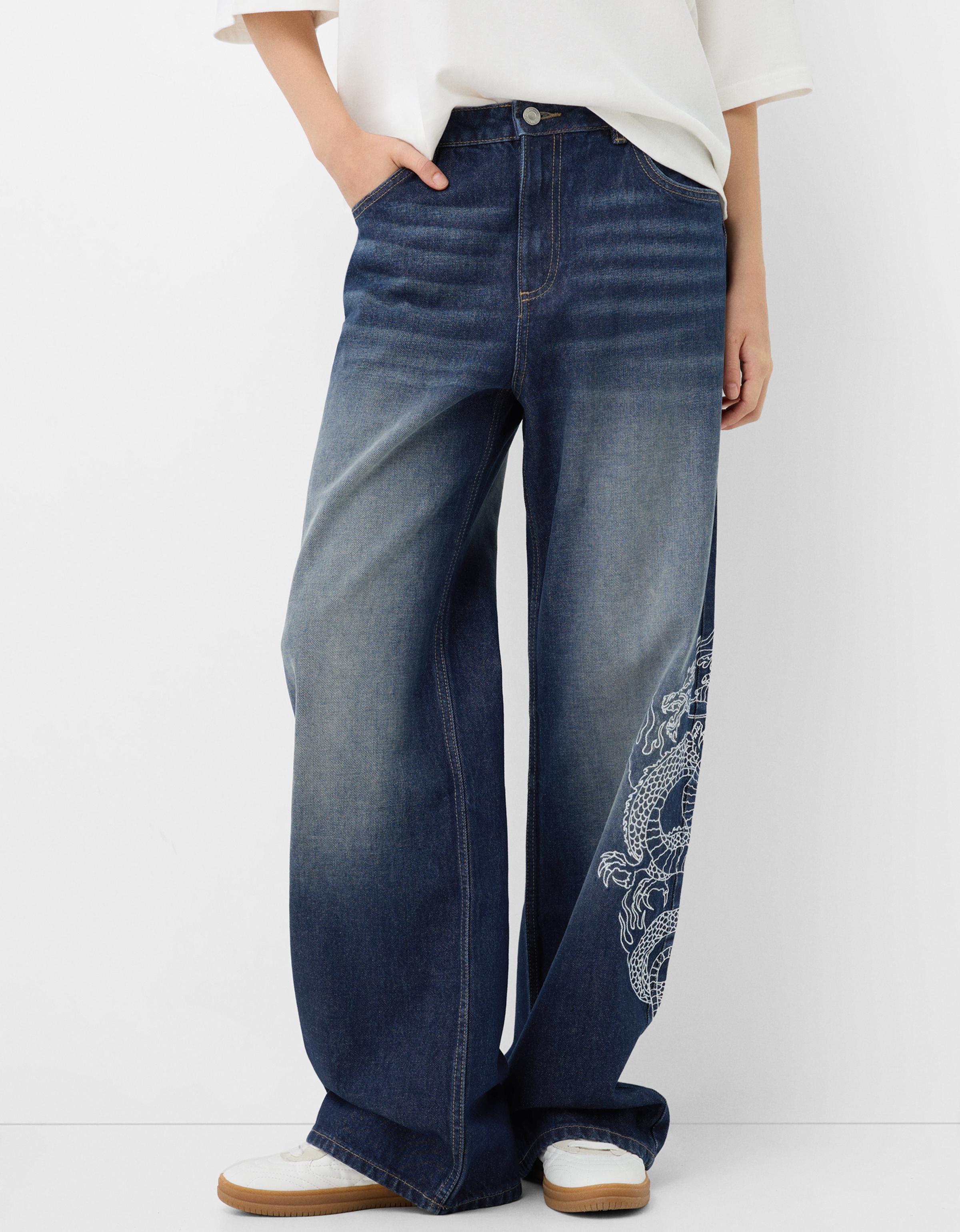 Bershka Baggy-Jeans Mit Stickerei Damen 38 Blau