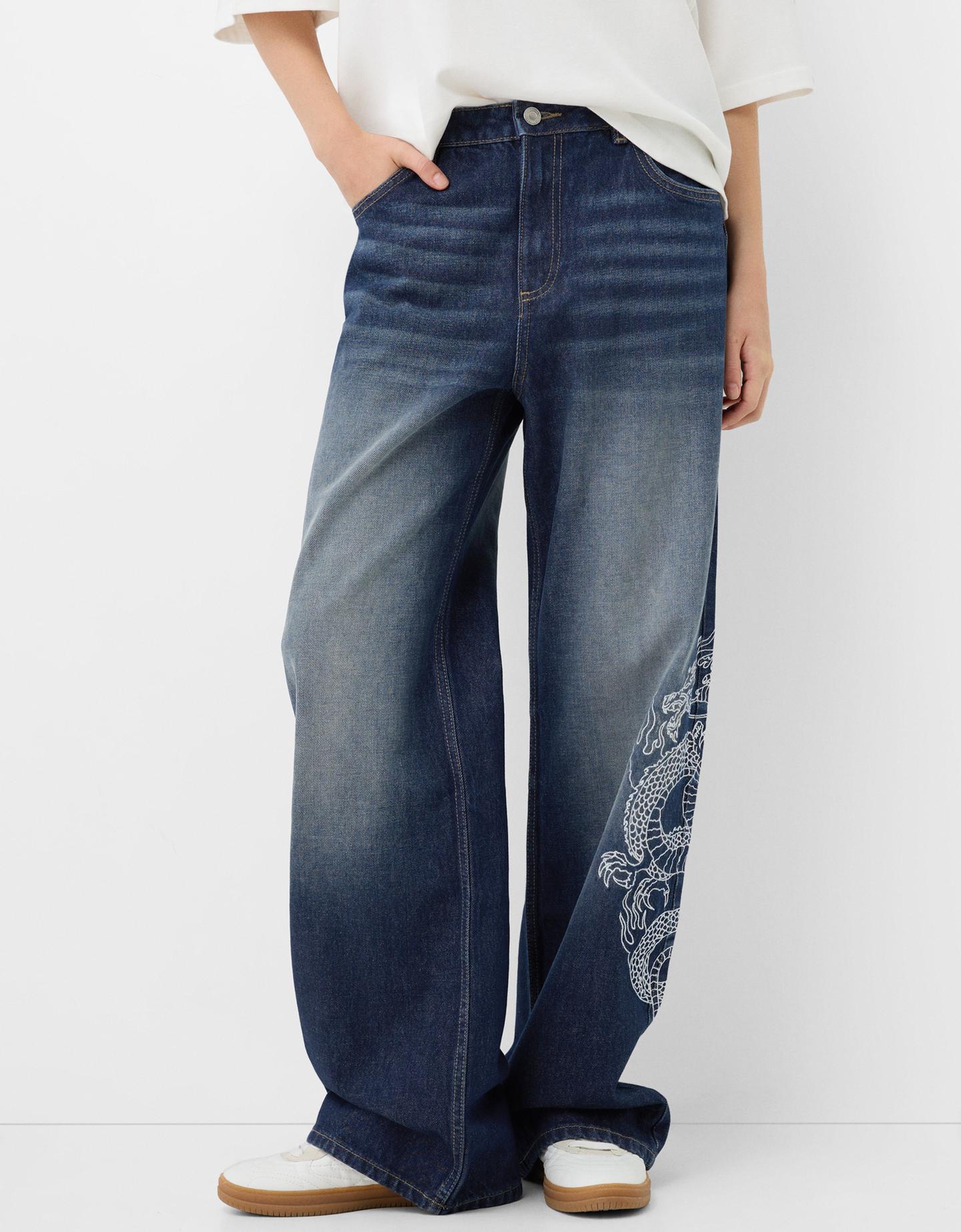 Bershka Jeans Baggy Bordado Mujer 38 Azul