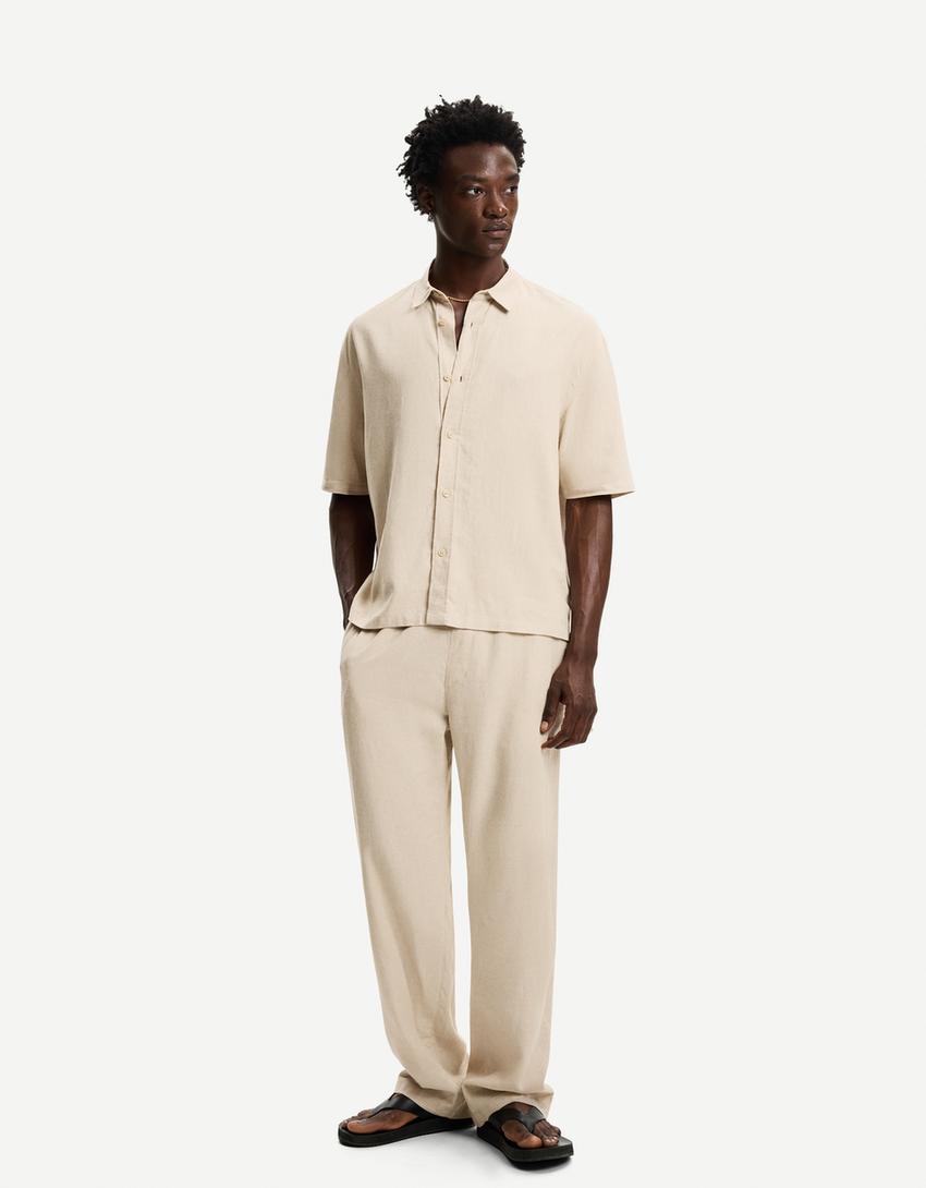 Pantaloni wide leg jogger misto lino-Sabbia-0