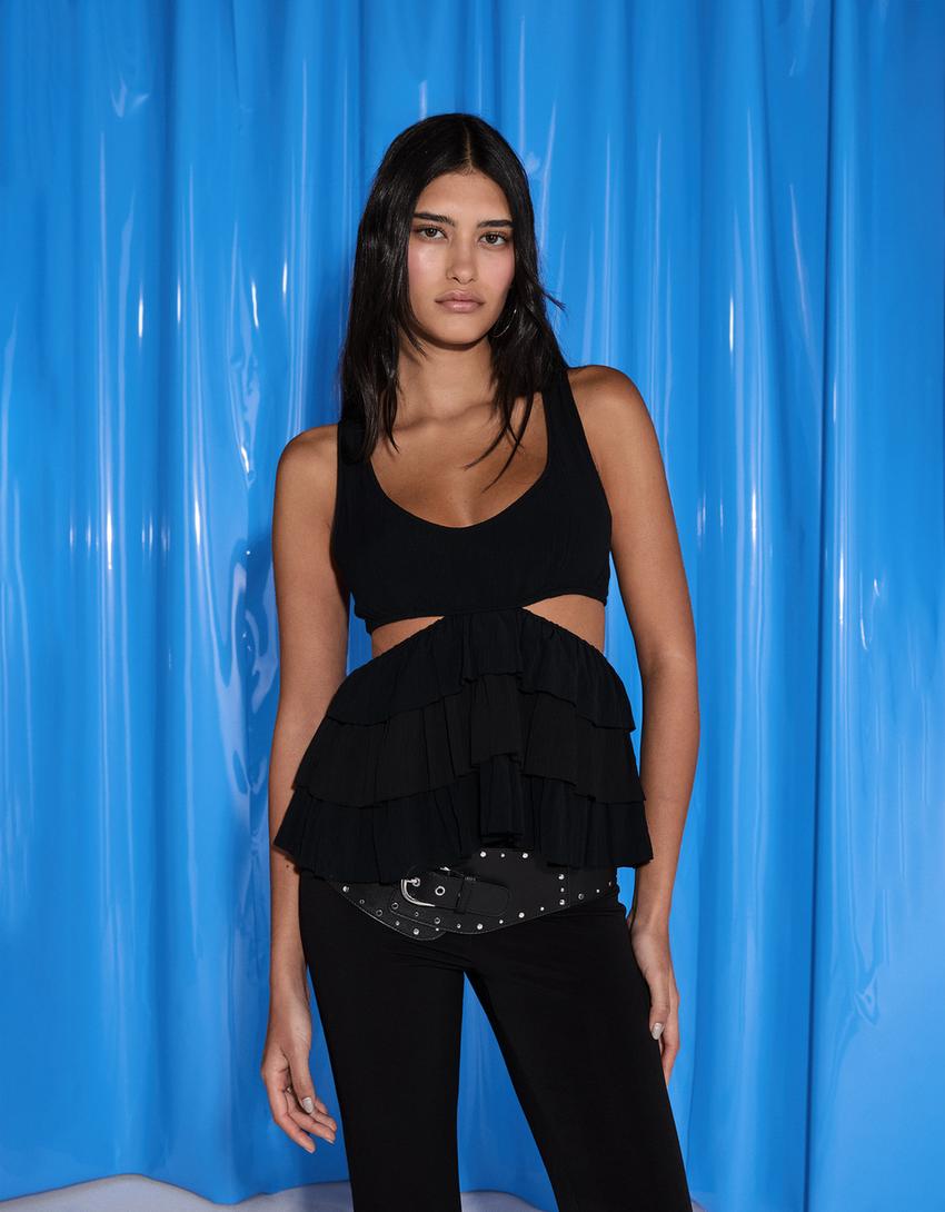 Top rustic cut-out cu volane-Negru-2