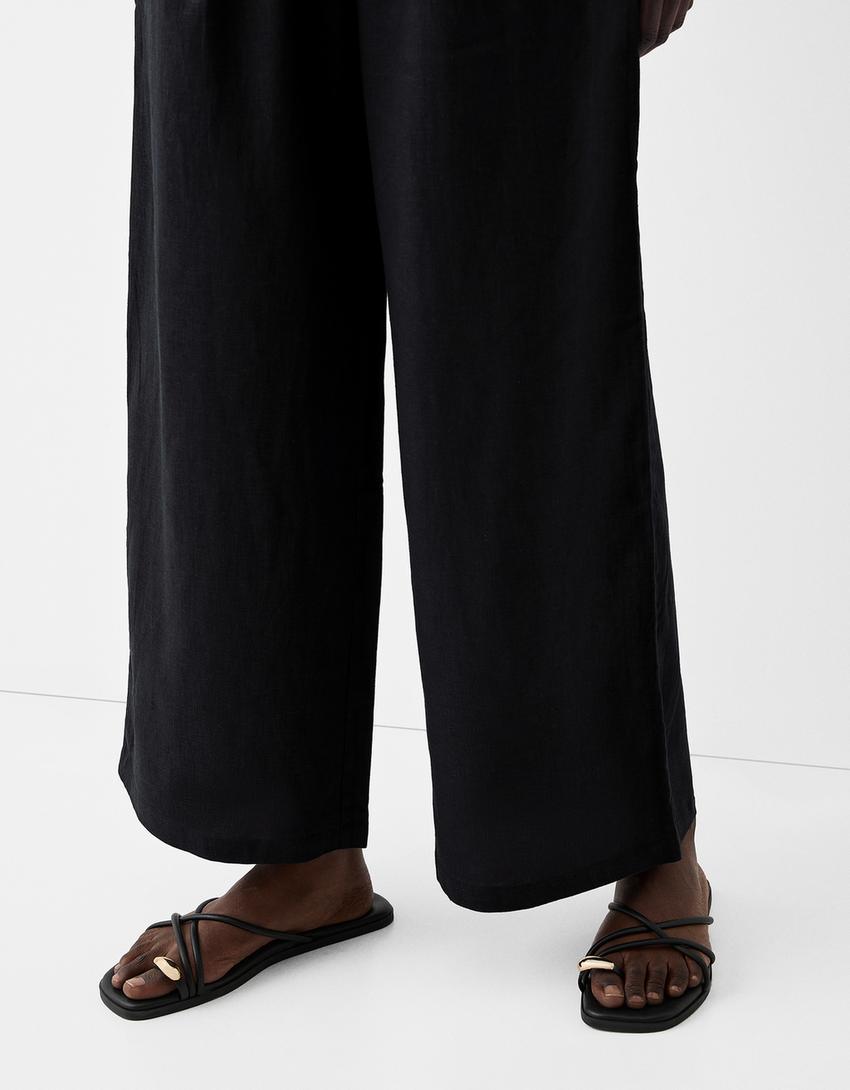Culottes with linen and an elastic waist-Black-3