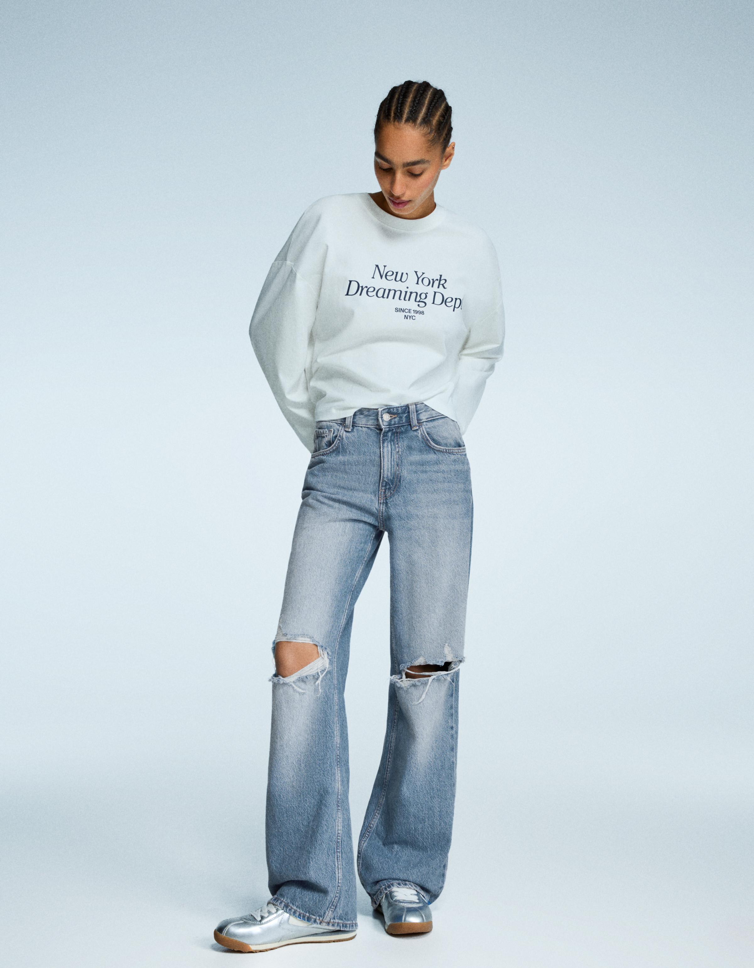 Bershka Jeans Mit Weitem Bein Und Rissen Damen 10-12 Ausgewaschenes Blau