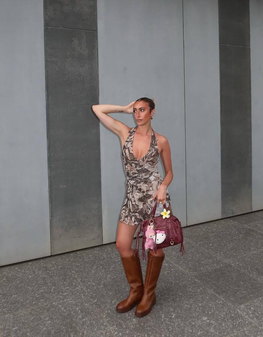 Vestido mini fluido halter print-Kaki-1