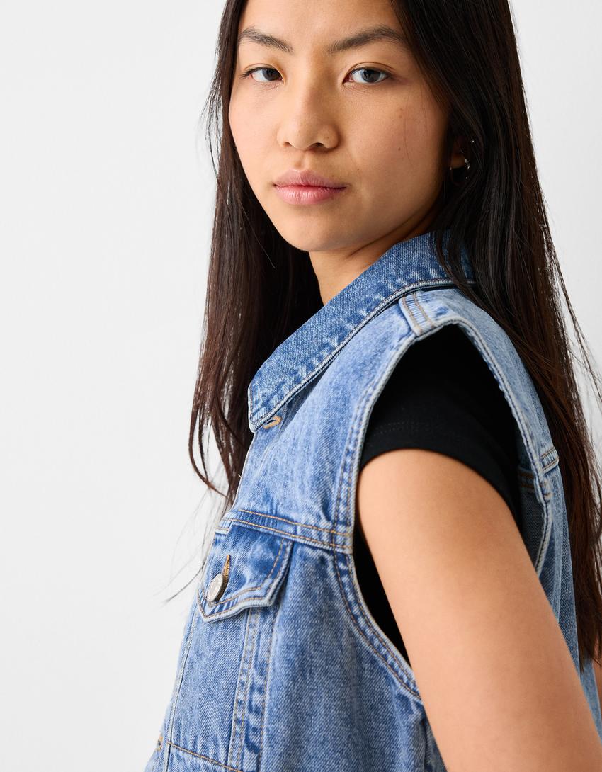 Cropped denim waistcoat-Light blue-3