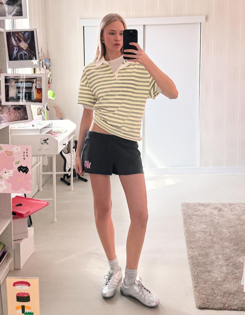 İŞLEMELİ POLAR ŞORT-Mavi