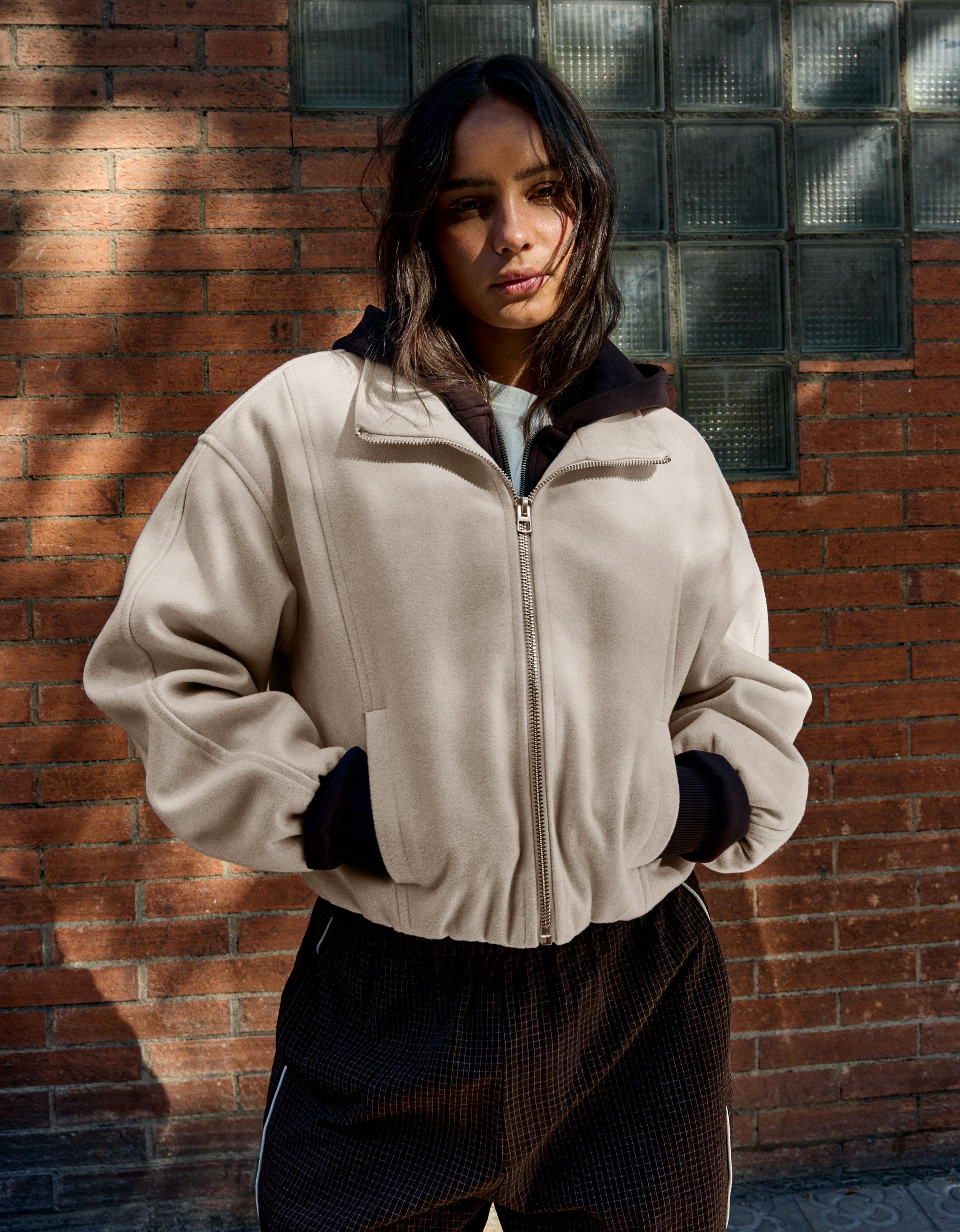 Felt-effect jacket with gathered hem — Cream