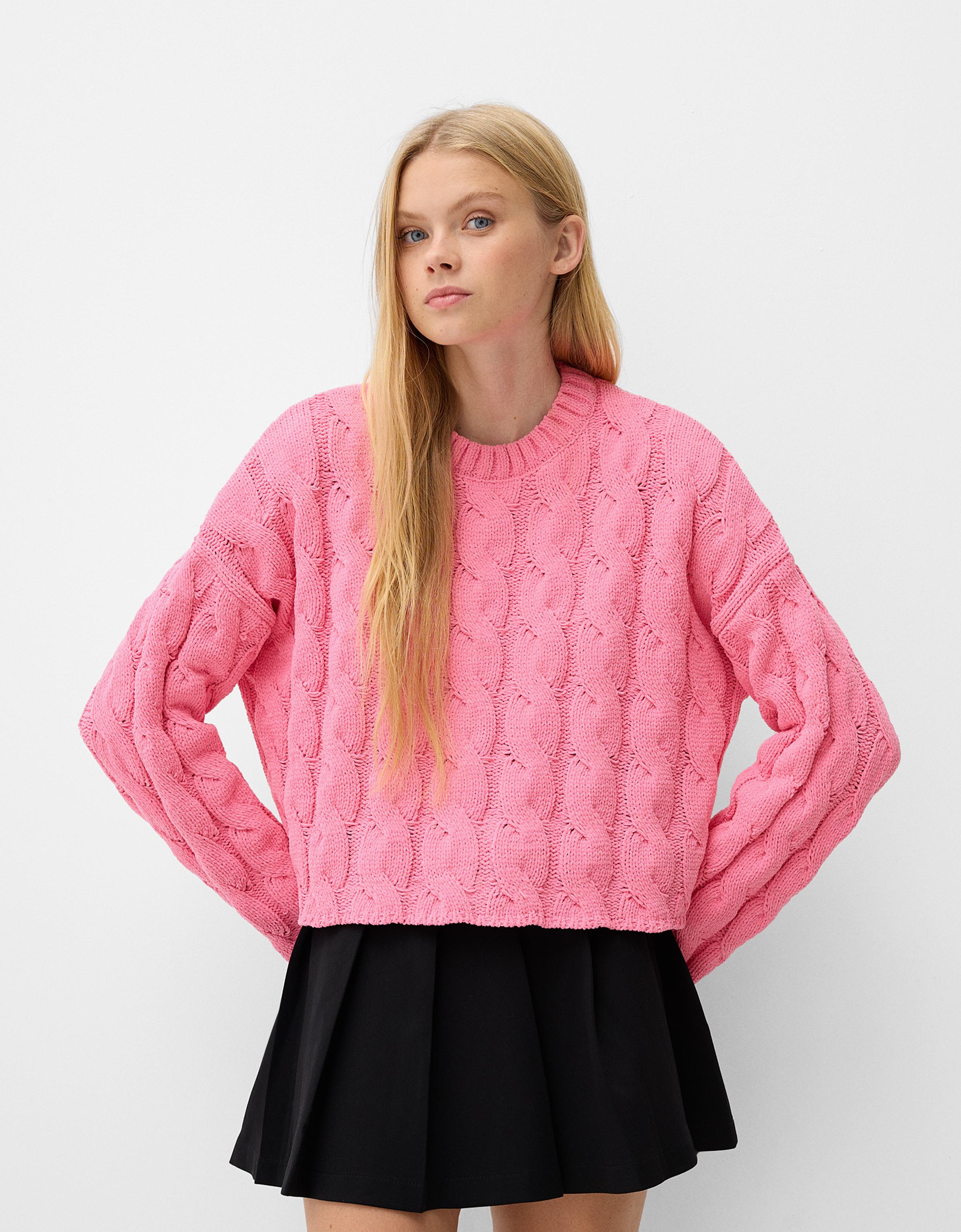 Bershka Chenillepullover Mit Flechtmuster Damen Xs Rosa