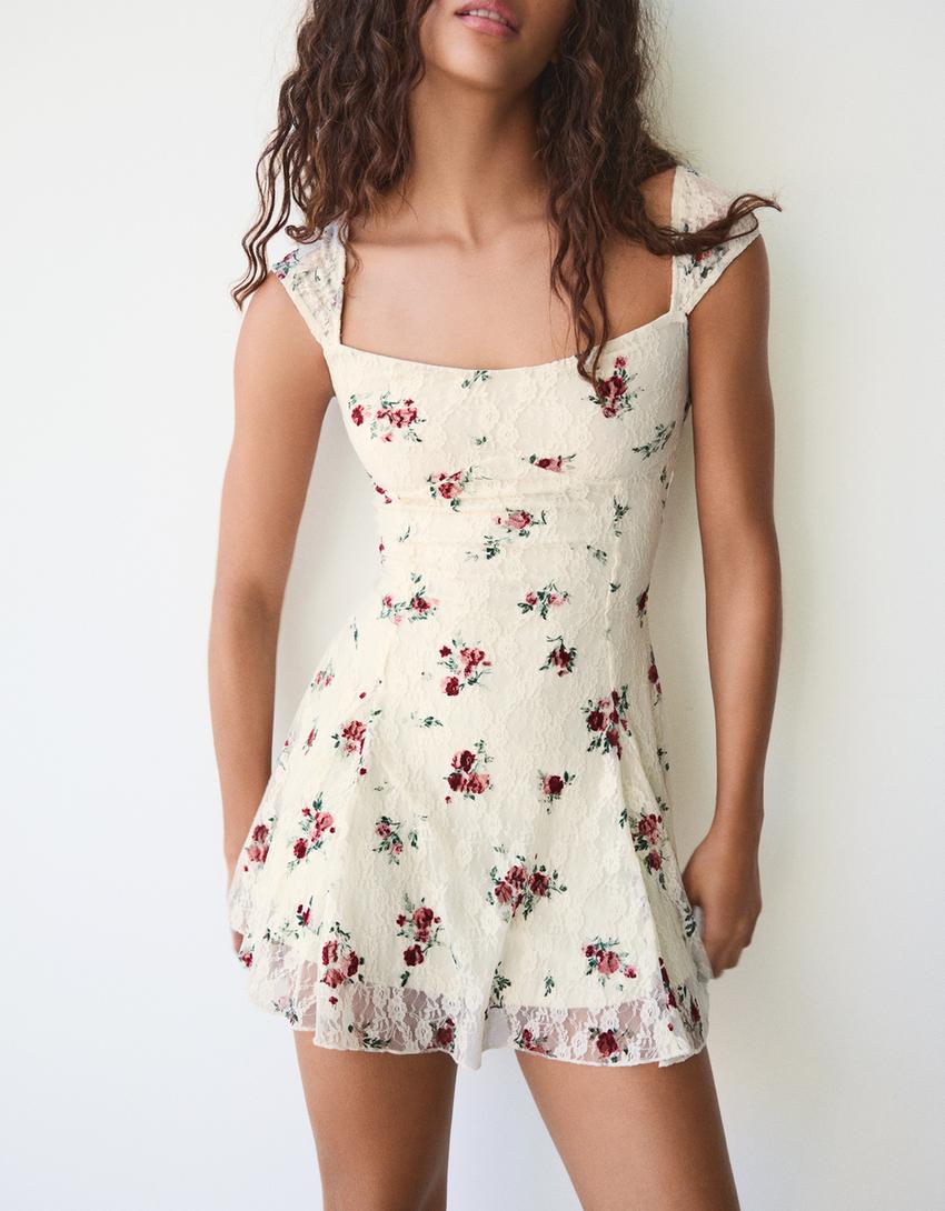 Vestido mini blonda print-Crudo