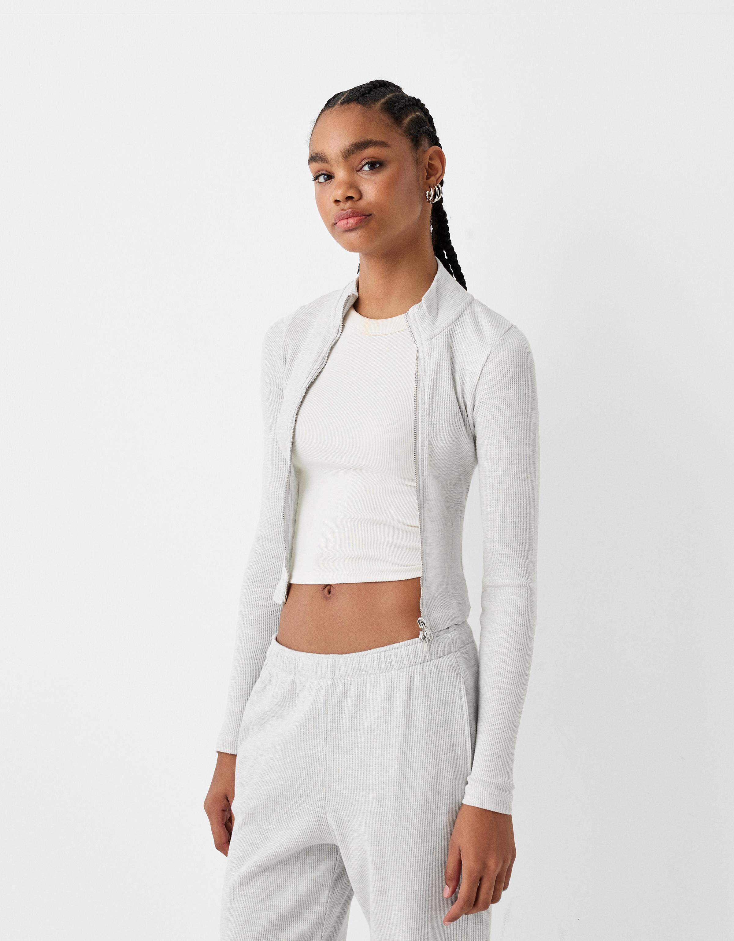 Bershka Sweatshirt Aus Waffelgewebe Mit Reißverschluss Damen L Grau