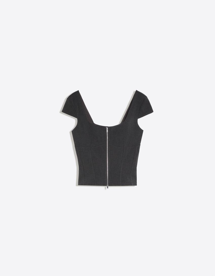 Short sleeve zip-up top-Grey