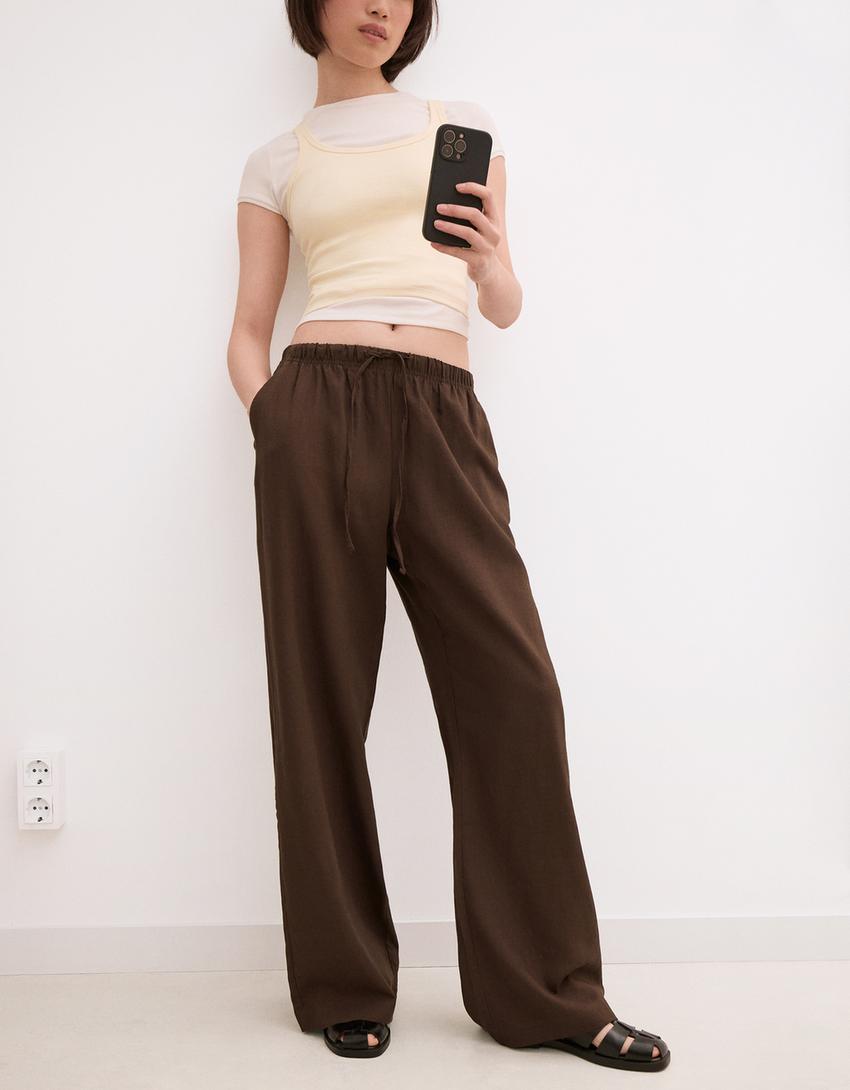 Linen blend trousers with an elasticated waistband-Brown